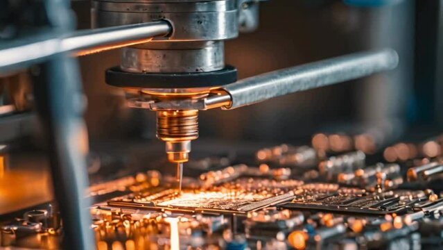 A close-up view of a circuit board undergoing reflow soldering inside a reflow oven.