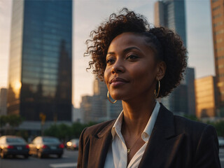Happy wealthy rich successful black businesswoman standing in big city modern skyscrapers street on sunset thinking of successful vision, dreaming of new investment opportunities. Generative AI - obrazy, fototapety, plakaty