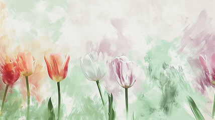 Spring flowers tulips, background greeting card in watercolor grunge style