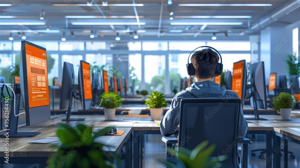 Poster a serene and efficient call center where finance professionals calmly manage client portfolios and q