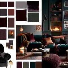 Mood board living room decorated with a mix of modern and vintage elements and patterned panels