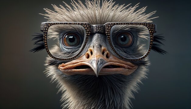 Portrait of an ostrich with glasses on a dark background.