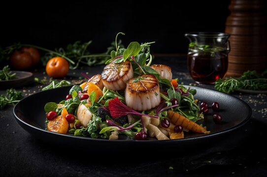 Seafood salad with scallops and pomegranate