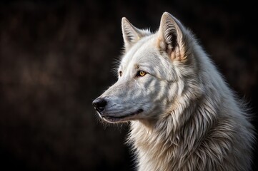 Fototapeta premium Portrait of a white wolf in profile on a dark background.