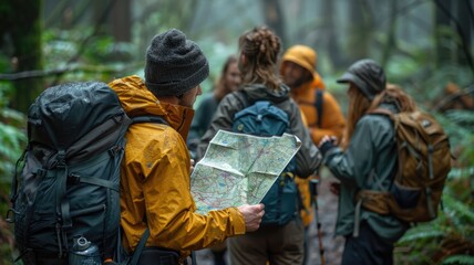 Group of Hikers Consulting a Trail Map in a Forest