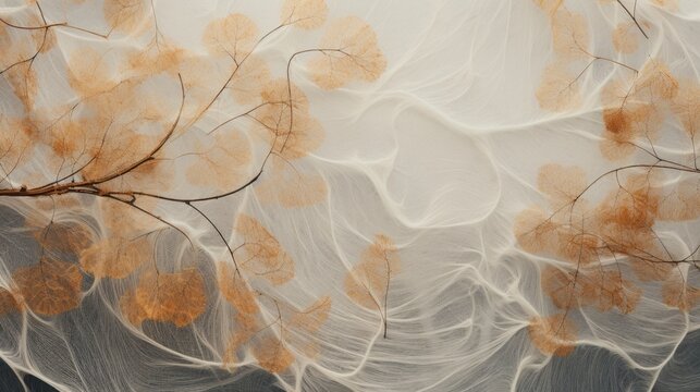 Abstract mesmerizing background with transparent light brown dry leaves, a network of white cobwebs, silk threads.