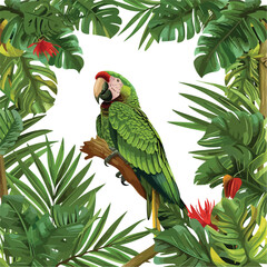 Green Parrot Jungle Frame Clipart isolated on white background