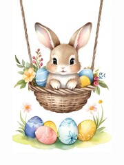 Cute easter bunny with basket of painted eggs. Watercolor illustration for design, greeting card, template, wallpaper, artwork