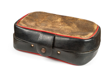 An old leather first aid kit on a white background. Old first aid kit isolated on white background.
