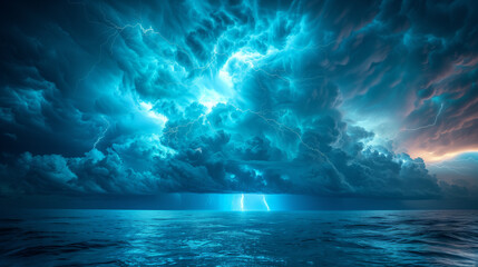 A dramatic thunderstorm unfolds over the ocean as lightning strikes illuminate the tumultuous sky and sea.