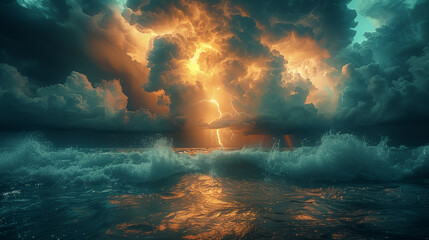 A dramatic thunderstorm unfolds over the ocean as lightning strikes illuminate the tumultuous sky and sea.