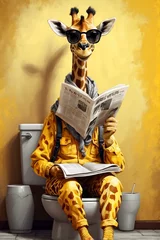 Foto op Canvas A funny animal concept, poster, card template. A comical scene with a giraffe with big sunglasses reading newspaper while sitting on a toilet © ArtistiKa