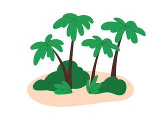 Palm trees on sandy island. Tropical leaf plants on sand. Exotic south uninhabited land, summer resort, southern paradise, African terrain. Flat vector illustration isolated on white background