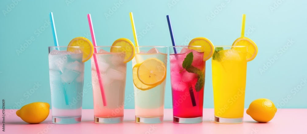 Poster an array of vibrant soft drinks served with drinking straws and lemon slices on a table, creating a 