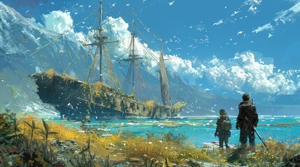 Digital art of adventurers observing an ancient shipwreck amidst a vivid and dynamic seascape, suggesting a story of exploration. - obrazy, fototapety, plakaty