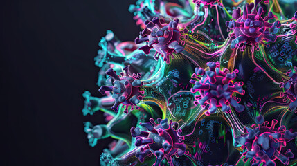 Detailed illustration of a virus particle with vibrant, spiked surface structures, symbolizing microscopic complexity.