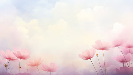 Pink wildflowers on a pastel sky background, greeting card in watercolor style - 756216862