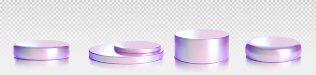 Hologram product podium of cylinder low, middle and two step, round shape for promo and presentation. Realistic 3d vector illustration set of metal goods display platform with holographic effect