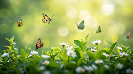 Butterflies fly among the spring green leaves of plants in the sunlight close-up - obrazy, fototapety, plakaty