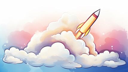 Rocket flies in multicolored clouds, watercolor background postcard