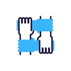unity symbol icon with four hands clasping wrists in a square, vector flat line illustration for teamwork, support, partnership and collective strength