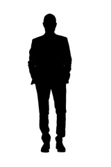 front silhouette of a standing man wearing blazer hands on pockets