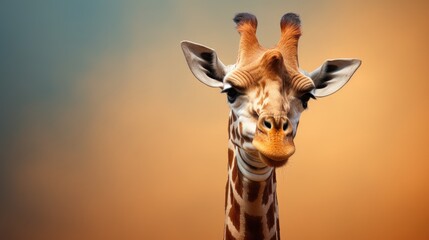 Close-up portrait of giraffe head. Cute giraffe on yellow background with copyspace. Funny animal looking at camera.