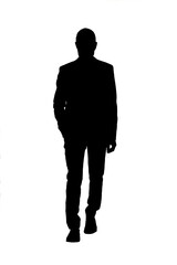 front silhouette of a man walking and dressed in a suit hands on pockets on white background