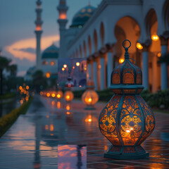 Ramadan Kareem greeting photo with serene mosque background with beautiful glowing lantern.ai technology