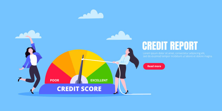 Woman pushes credit score arrow gauge speedometer indicator with color levels. Measurement from poor to excellent rating for credit or mortgage loans concept flat style design vector illustration.