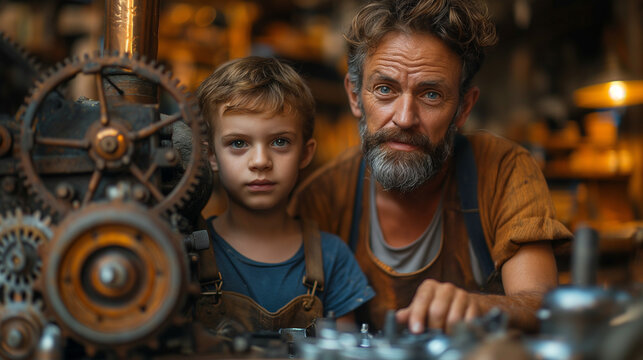 Portrait of father and son in the workshop