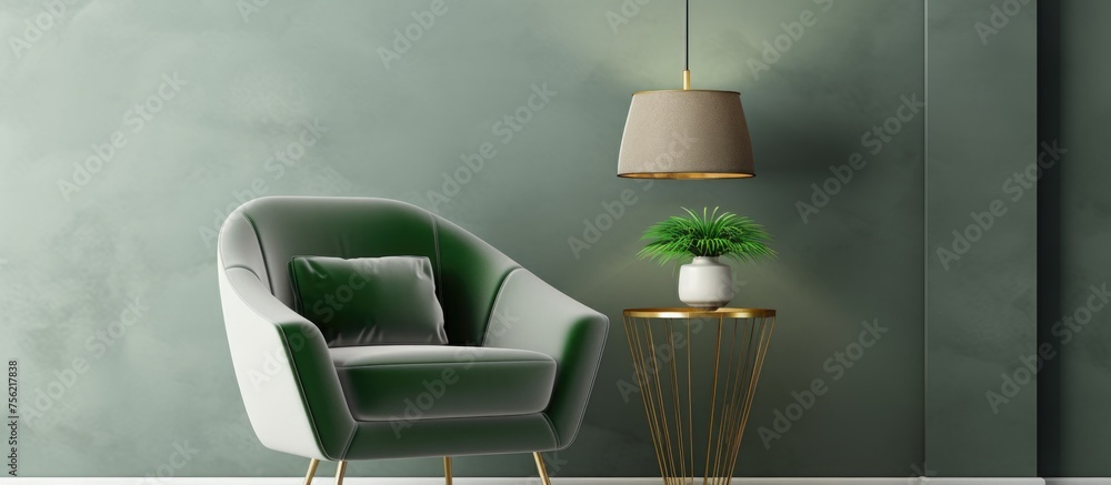 Poster Inside the house, there is a wooden chair and a rectangular table. The room is well lit with a lamp and a plant adding some shades to the space