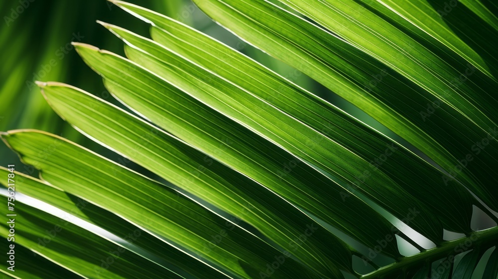 Poster Close-up of the Background, The Texture of Leaves in Nature. The green leaves of a palm tree in the rainforest.