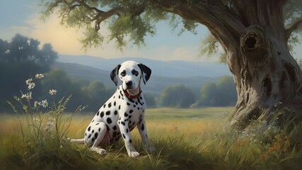 An enchanting scene capturing a Dalmatian puppy's quiet contemplation, as it sits amidst a field of verdant grass and wildflowers, with the branches of an old tree reaching towards the azure sky.