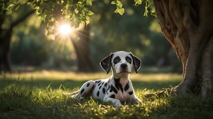 An enchanting image capturing a Dalmatian puppy resting under the shade of a majestic old tree, with the sun's rays peeking through the foliage and illuminating the emerald grass below.