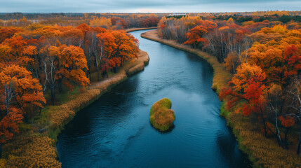 Aerial view captures a serene river winding through a vibrant tapestry of autumn colors in a dense forest.
