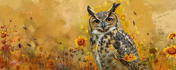 Art Print Owl Amongst Floral and Insect Intricacies