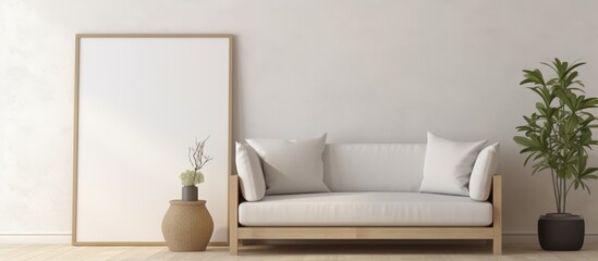 A cozy living room with a grey couch, wooden mirror, vase with plant, and picture frame on the wall. The furniture creates a comfortable interior design in the house