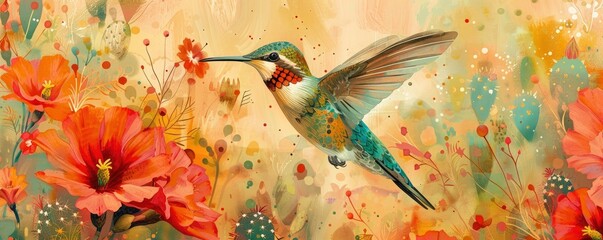 Patterned Hummingbird in Flight. Sipping from a Cactus Flower in a Desert Oasis.