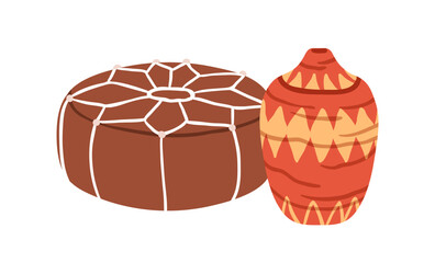 Moroccan furniture and home decor. Traditional Berber pouf, round footrest and vase. Morocco interior decoration, Maroc seat, poof. Flat graphic vector illustration isolated on white background