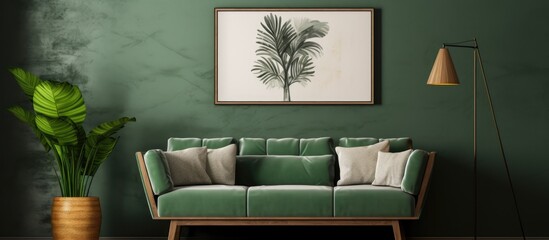Contemporary interior design with poster frames, green couch, wooden pot, and floor lamp