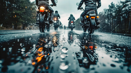 Bikers Riding Through Rain on Forest Road.