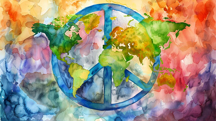 Watercolor Painting Peace Symbol Superimposed on a World Map