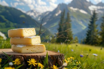 Farm cheese on the background of alpine meadow mountains - obrazy, fototapety, plakaty