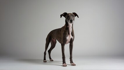 Perro de raza galgo, de pie, mirando al frente, sobre fondo gris