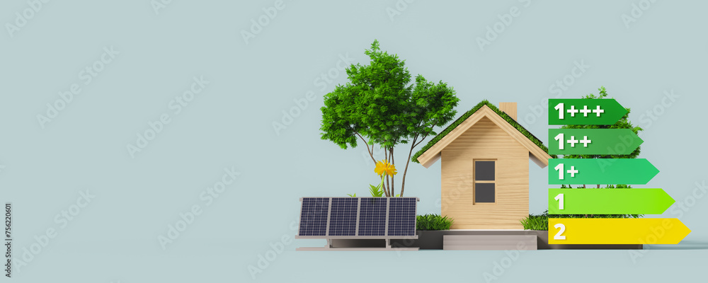 Poster assign an energy efficiency rating to reduce carbon emissions by saving energy in house. 3d renderin