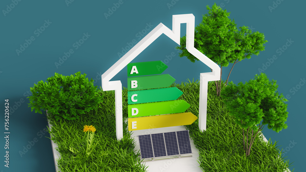 Poster assign an energy efficiency rating to reduce carbon emissions by saving energy in house. 3d renderin