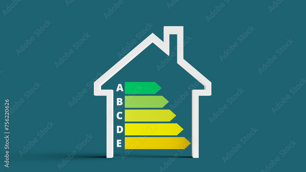 Poster assign an energy efficiency rating to reduce carbon emissions by saving energy in house. 3d renderin