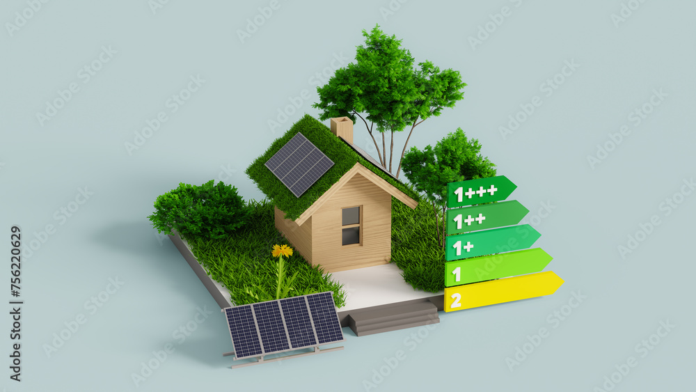 Poster assign an energy efficiency rating to reduce carbon emissions by saving energy in house. 3d renderin
