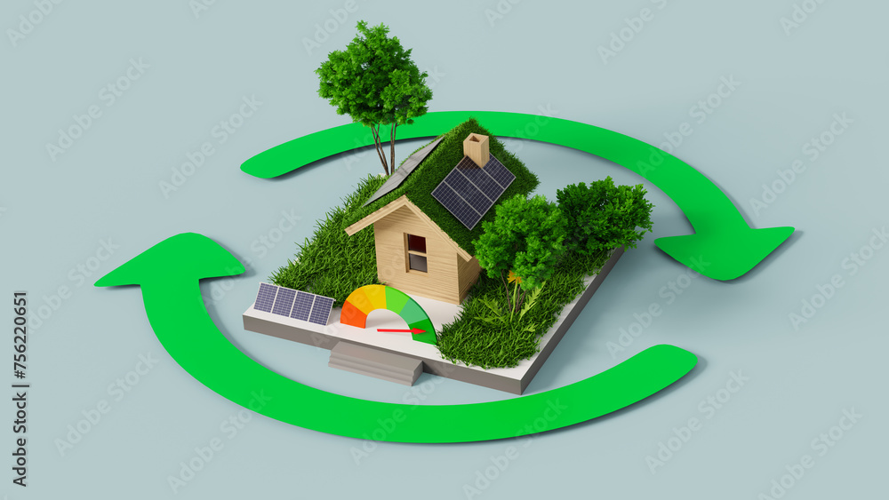 Poster assign an energy efficiency rating to reduce carbon emissions by saving energy in house. 3d renderin